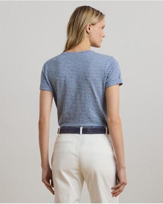 Ralph Lauren Blue Striped Cotton Slub Jersey Pocket Tee