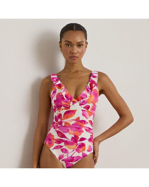 Ralph Lauren Pink Ruffle-Trim Surplice One-Piece