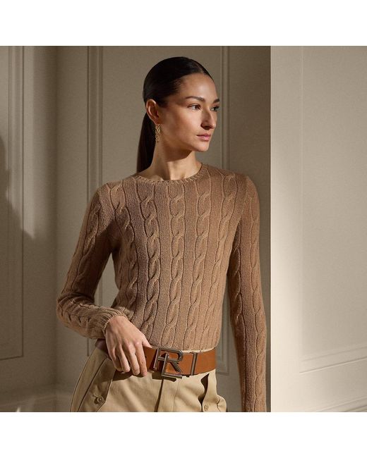 Ralph Lauren Brown Cable-Knit Cashmere Crewneck Sweater