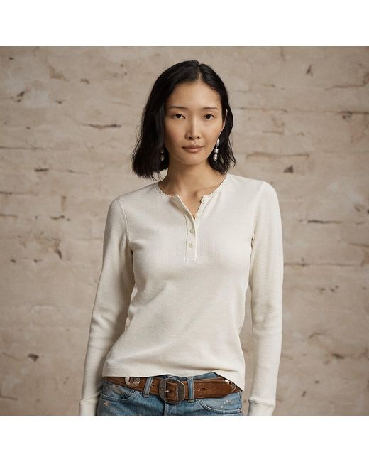 RRL White Stretch Waffle-Knit Henley Shirt