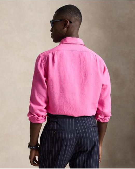 Polo Ralph Lauren Pink Custom Fit Slub Linen Shirt for men