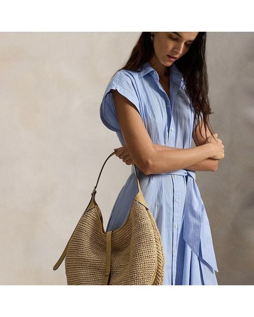 Ralph Lauren Blue Polo Id Raffia Large Shoulder Bag