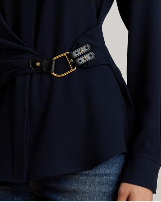 Ralph Lauren Blue Buckle-Trim Georgette Blouse