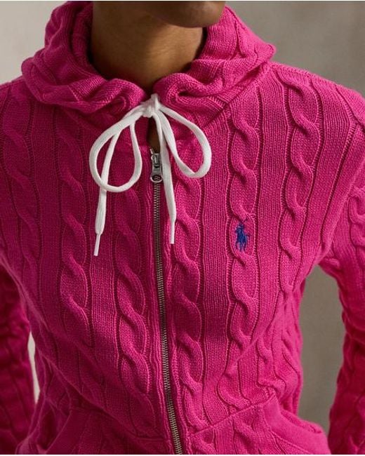 Polo Ralph Lauren Pink Cable-Knit Cotton Full-Zip Hoodie