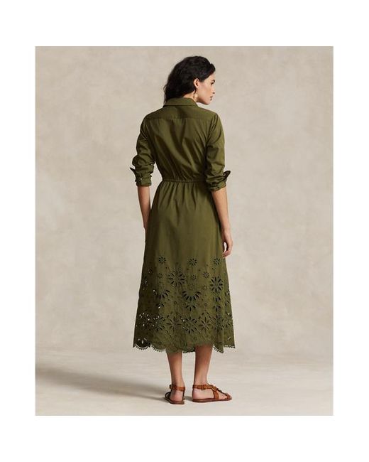 Vestido de algodón con bordado perforado Polo Ralph Lauren de color Green