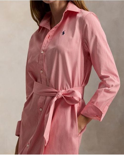 Polo Ralph Lauren Pink Belted Striped Cotton Shirtdress