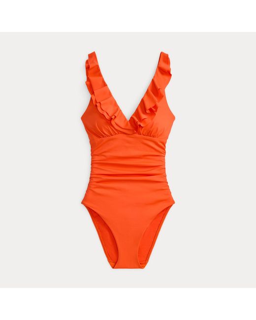 Ralph Lauren Orange Ruffle-Trim Surplice One-Piece