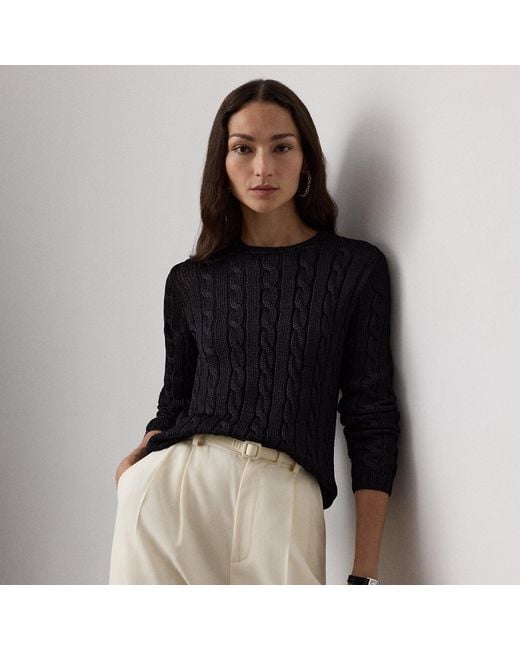 Ralph Lauren Black Cable-Knit Silk Crewneck Sweater