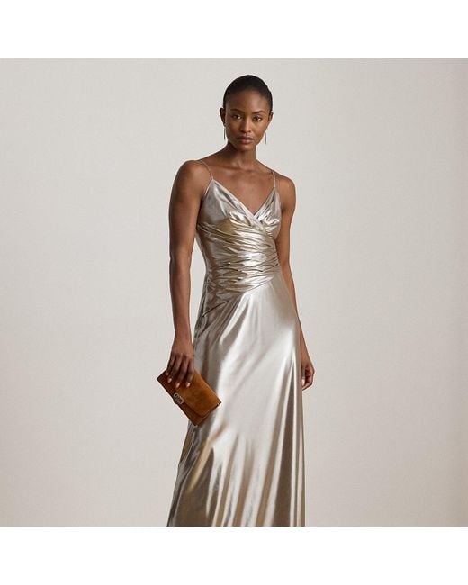 Ralph Lauren Brown Pleated Metallic Chiffon Sleeveless Gown