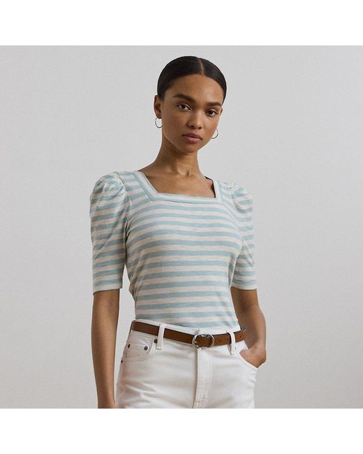 Ralph Lauren Gray Ralph Lauren Striped Cotton Jersey Puff-Sleeve Tee
