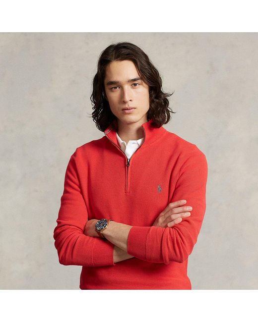 Polo Ralph Lauren Meshknit Cotton Quarterzip Jumper in Red Lyst