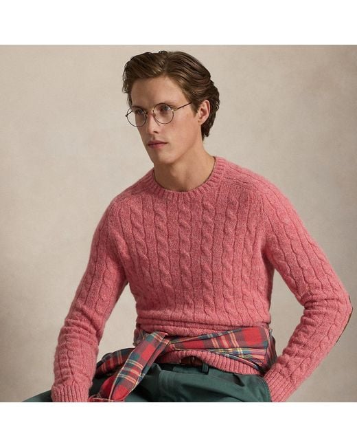 Polo Ralph Lauren Red Suede-Patch Cable-Knit Sweater for men