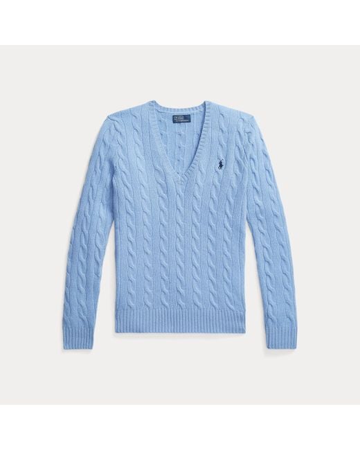 Ralph Lauren Blue Cable-Knit Wool-Cashmere V-Neck Sweater