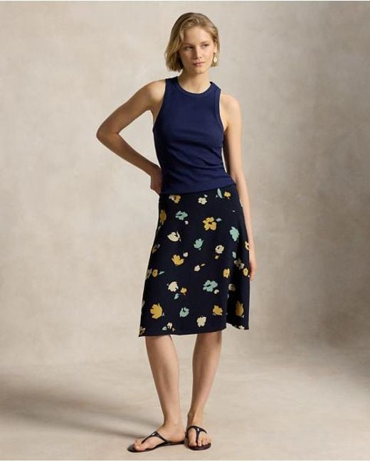 Ralph Lauren Blue Floral-Print Crepe Skirt