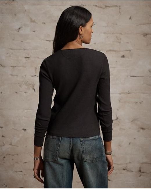 RRL Black Stretch Waffle-Knit Henley Shirt