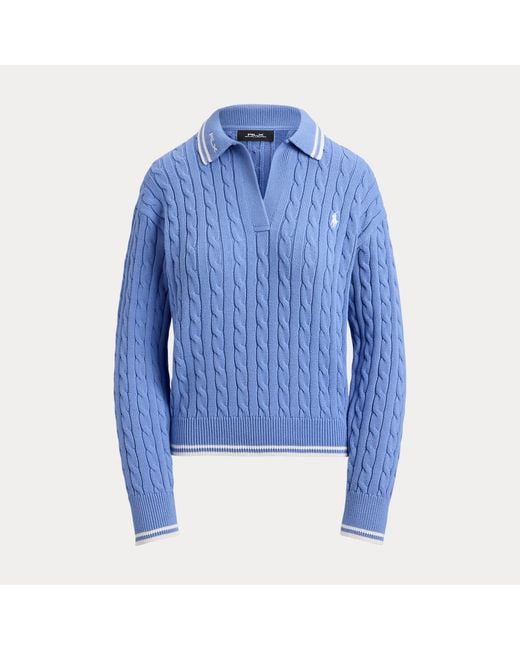Ralph Lauren Blue Cable-Knit Polo-Collar Sweater