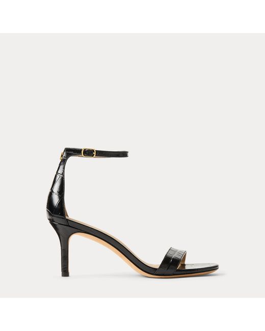 Ralph Lauren Black Allie Mid-Heel Crocodile-Embossed Sandal