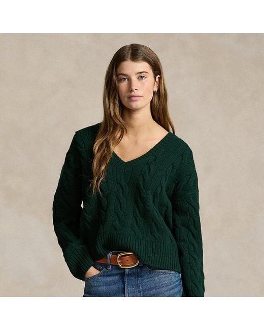 Ralph Lauren Green Cable-Knit Wool-Cashmere V-Neck Jumper