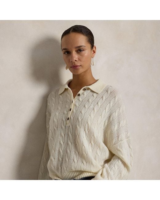 Polo Ralph Lauren White Cable Wool-Cashmere Polo-Collar Jumper