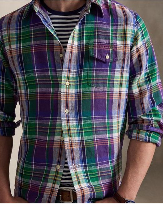 Polo Ralph Lauren Blue Classic Fit Plaid Linen Shirt for men