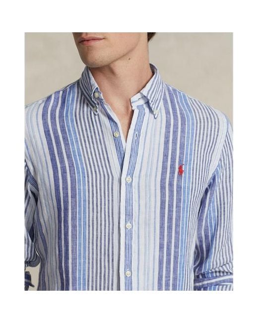 Camicia in lino a righe Custom-Fit di Polo Ralph Lauren in Blue da Uomo