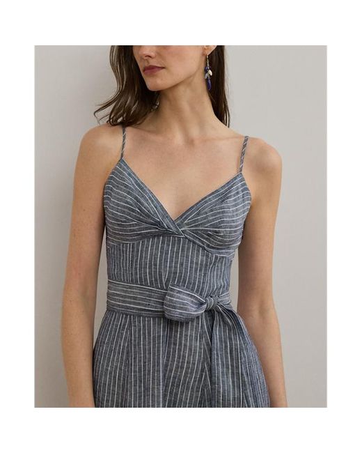 Abito in lino a righe con cintura di Ralph Lauren in Gray