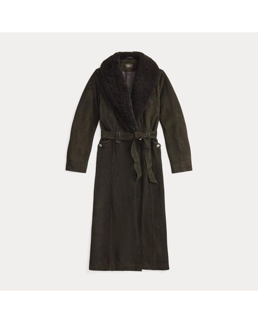 RRL Black Shearling-Collar Suede Wrap Coat