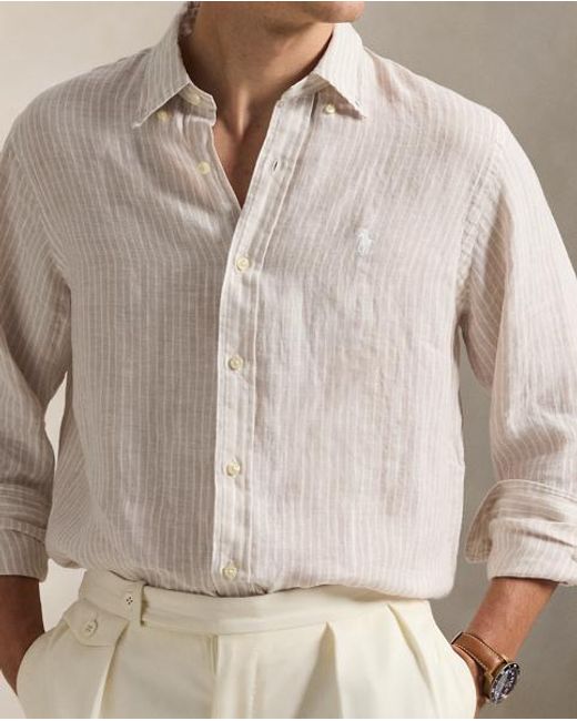Polo Ralph Lauren Gray Custom Fit Striped Linen Shirt for men