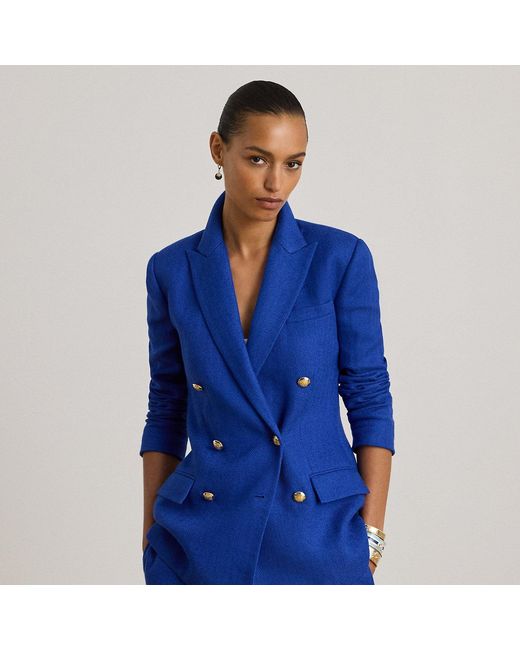 Ralph Lauren Blue Double-Breasted Linen-Cotton Blazer