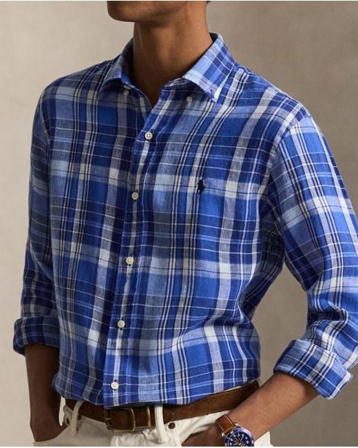 Polo Ralph Lauren Blue Custom Fit Plaid Linen Shirt for men