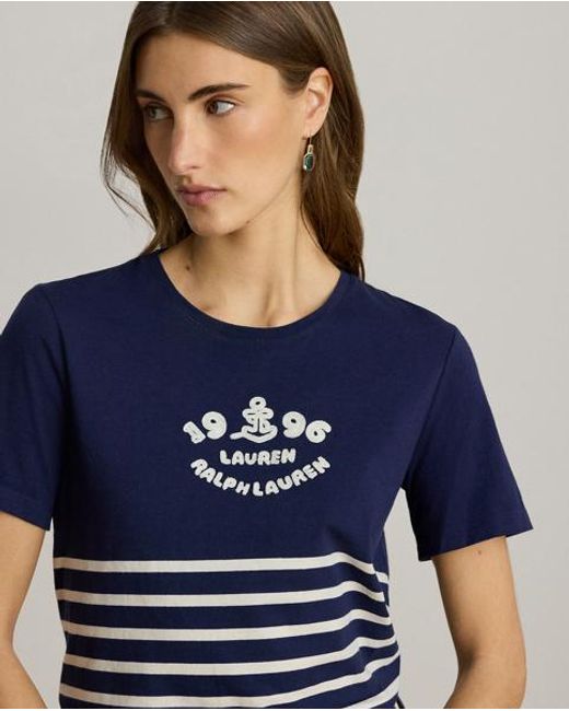 Ralph Lauren Blue Striped Embroidered-Logo Jersey Tee
