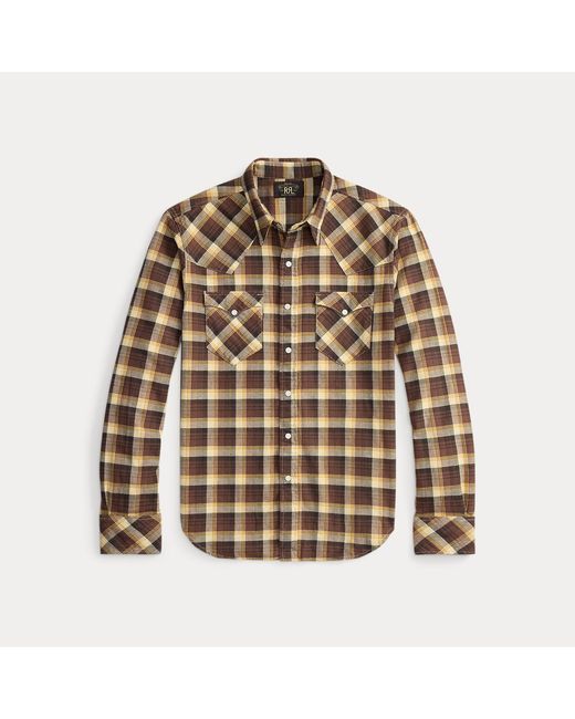RRL Brown Slim Fit Plaid Twill Western Shirt for men