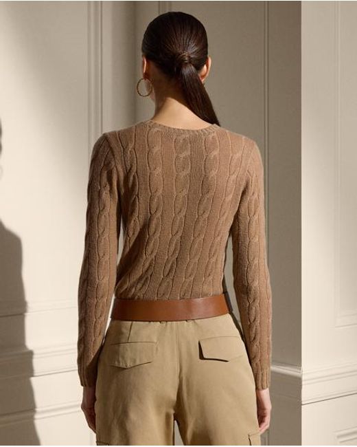 Ralph Lauren Brown Cable-Knit Cashmere Crewneck Sweater