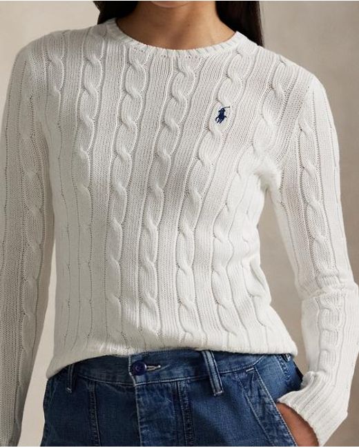 Polo Ralph Lauren White Baumwoll-Rundhalspullover Mit Zopfmuster