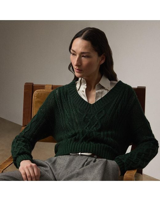 Ralph Lauren Black Ralph Lauren Cable-Knit Silk-Cashmere V-Neck Sweater