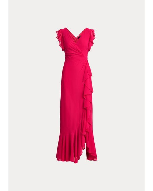 Ralph Lauren Pink Georgette-Abendkleid mit Rüschen