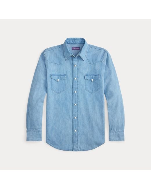 Ralph Lauren Blue Cotton-Linen Denim Western Shirt for men