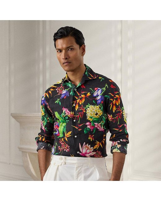 Ralph Lauren Purple Label Black Botanical-print Linen Shirt for men