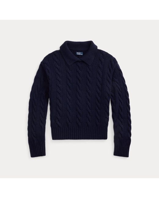 Polo Ralph Lauren Blue Cable-Knit Wool-Cashmere Polo Jumper