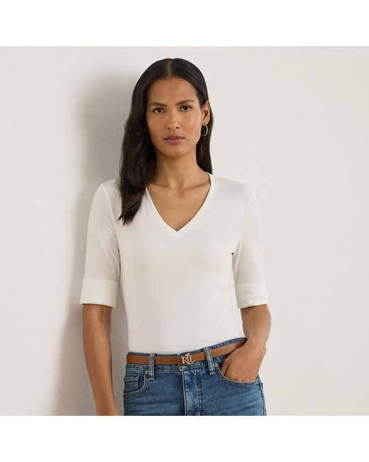 Ralph Lauren White Stretch Cotton Elbow-Sleeve V-Neck Tee