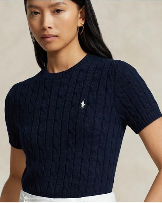Polo Ralph Lauren Blue Kurzarm-Baumwollpullover Mit Zopfmuster