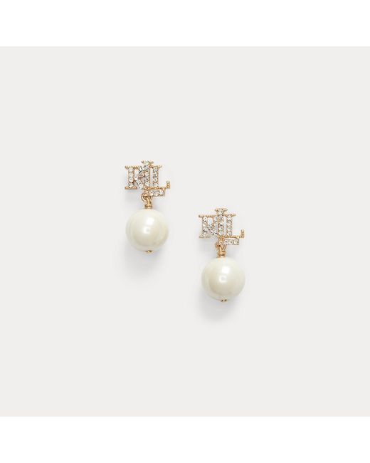 Ralph Lauren Metallic Pave Logo Faux-Pearl Drop Earrings