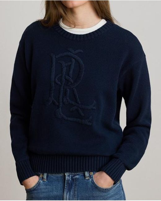 Ralph Lauren Blue Embroidered-Logo Combed Cotton Jumper