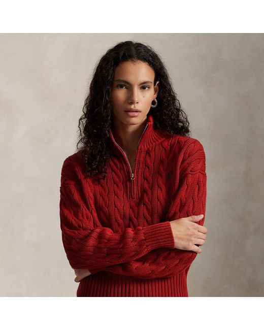Polo Ralph Lauren Red Cable-Knit Cotton Quarter-Zip Sweater