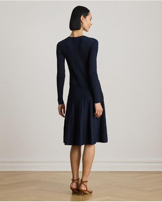 Ralph Lauren Blue Mini-Cable & Rib-Knit Long-Sleeve Dress