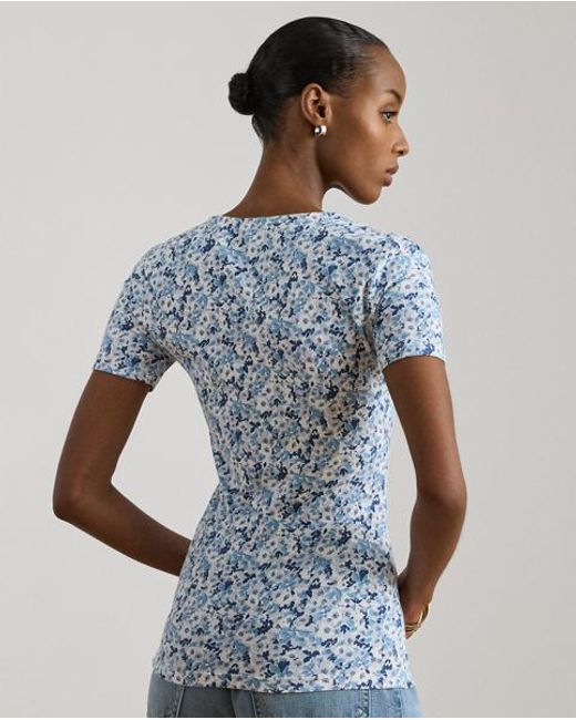 Ralph Lauren Blue Floral Cotton Jersey Square-Neck Top