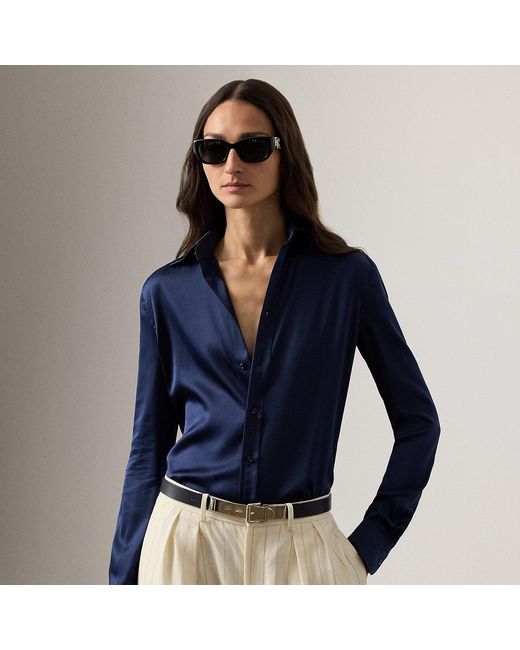 Ralph Lauren Blue Cameron Straight Fit Silk Shirt