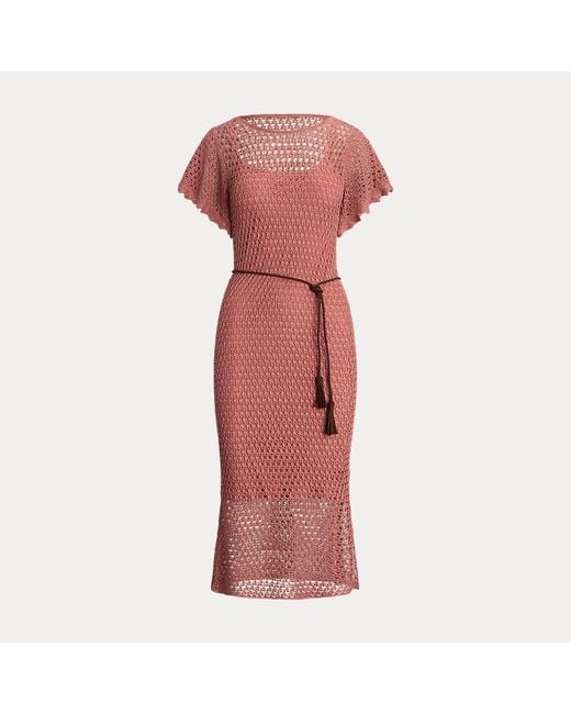 Lauren by Ralph Lauren Red Ralph Lauren Belted Linen-blend Pointelle-knit Dress