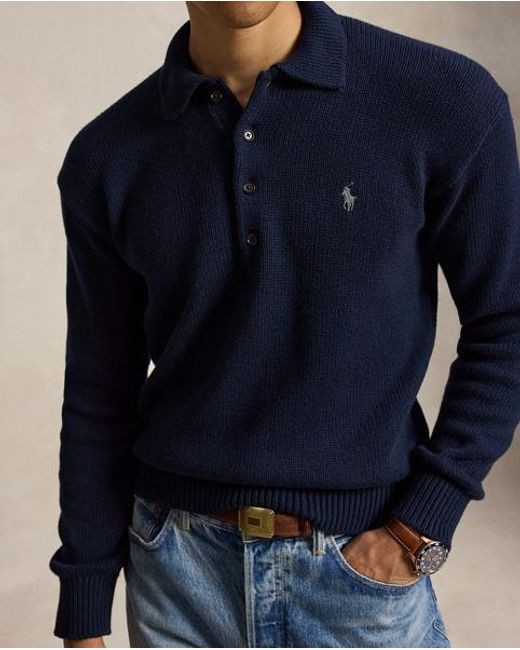 Polo Ralph Lauren Blue Relaxed Fit Cable Cotton Polo Jumper for men