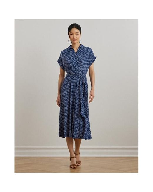 Abito in crêpe con stampa geometrica di Ralph Lauren in Blue
